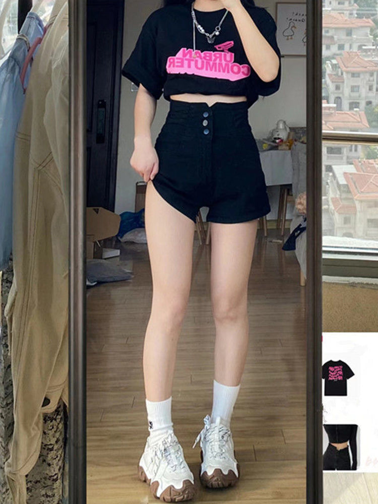 Black High-waisted Denim Shorts Women's Summer Thin Section Thin Covering Belly A Word Wide Leg Hot Pants