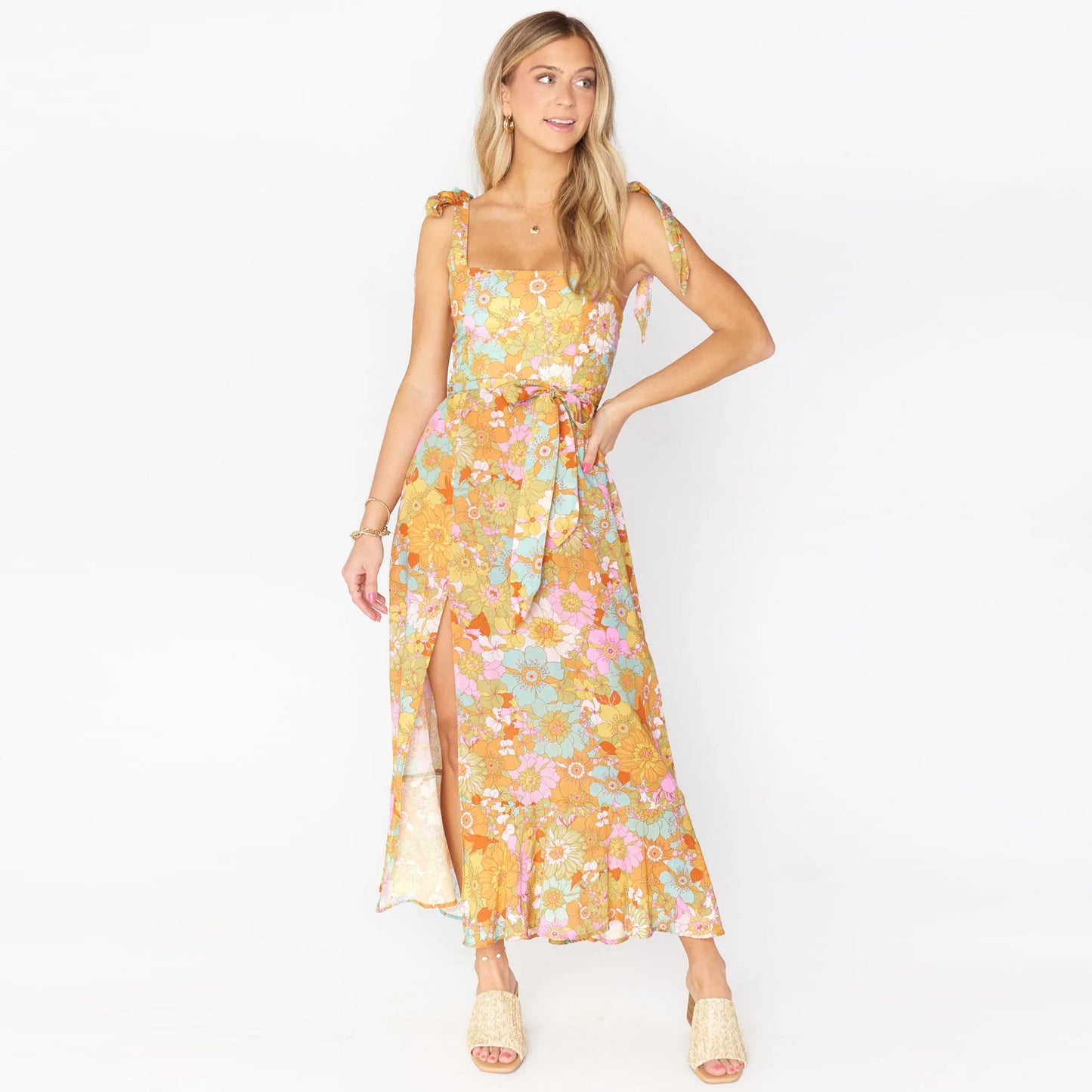 Spring and Summer New Europe and The United States Fashion Women's Sling Straps Bust Open Fork Floral Dress Temperament Elegant with Waist Belt