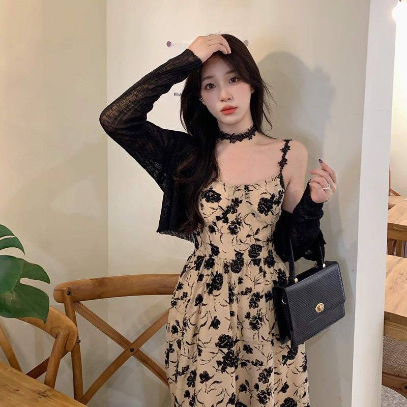 Summer New Hepburn Style Rose Print Halter Dress + Knitted Cardigan Two-piece Set