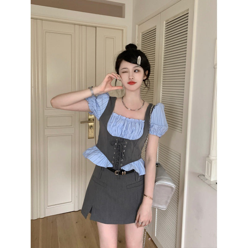 Summer new large size French fake two retro square collar drawstring thin shirt + half-body skirt pants suit