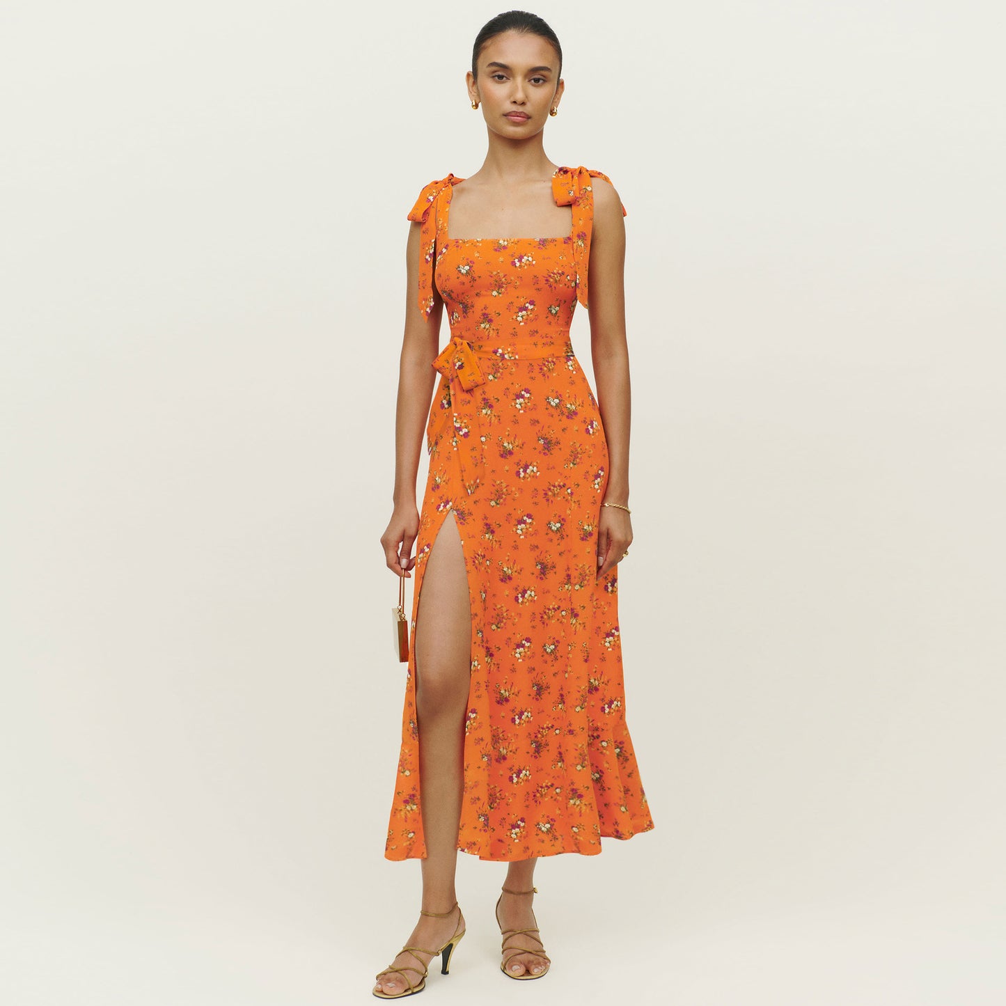 Spring and Summer New Europe and The United States Fashion Women's Sling Straps Bust Open Fork Floral Dress Temperament Elegant with Waist Belt