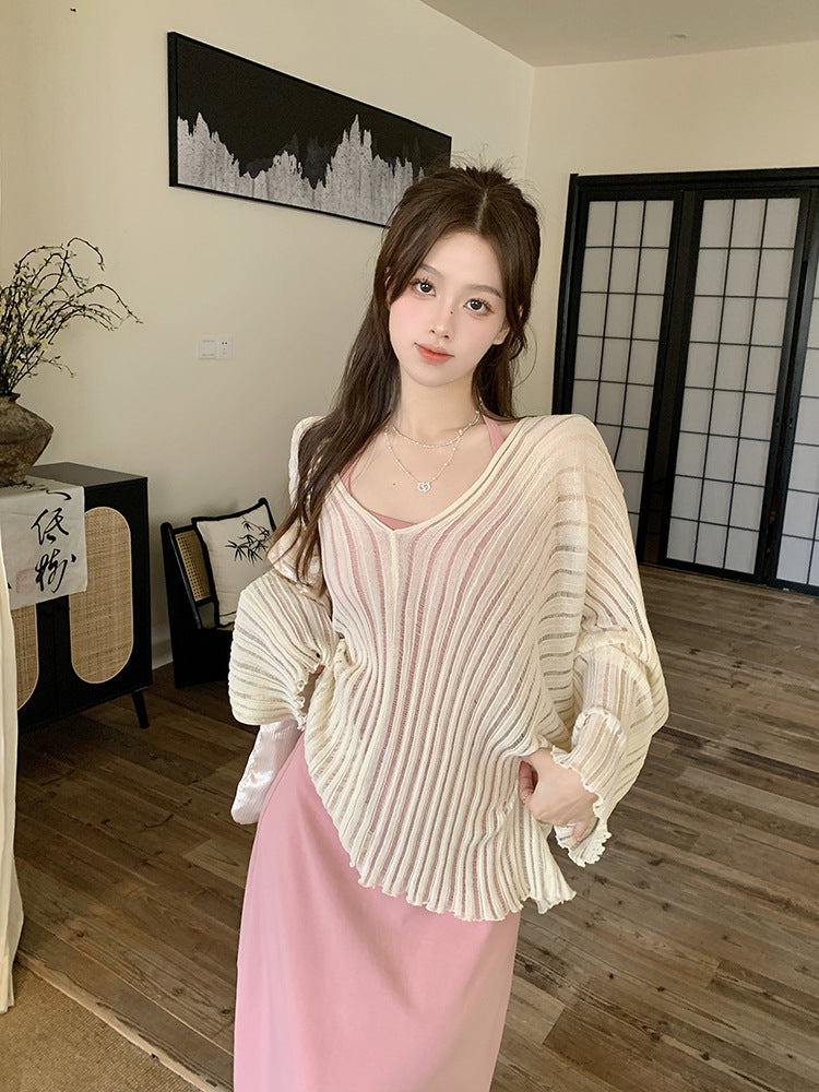 Summer new large size lazy wind knitted sunscreen smock + Slim long sling dress set