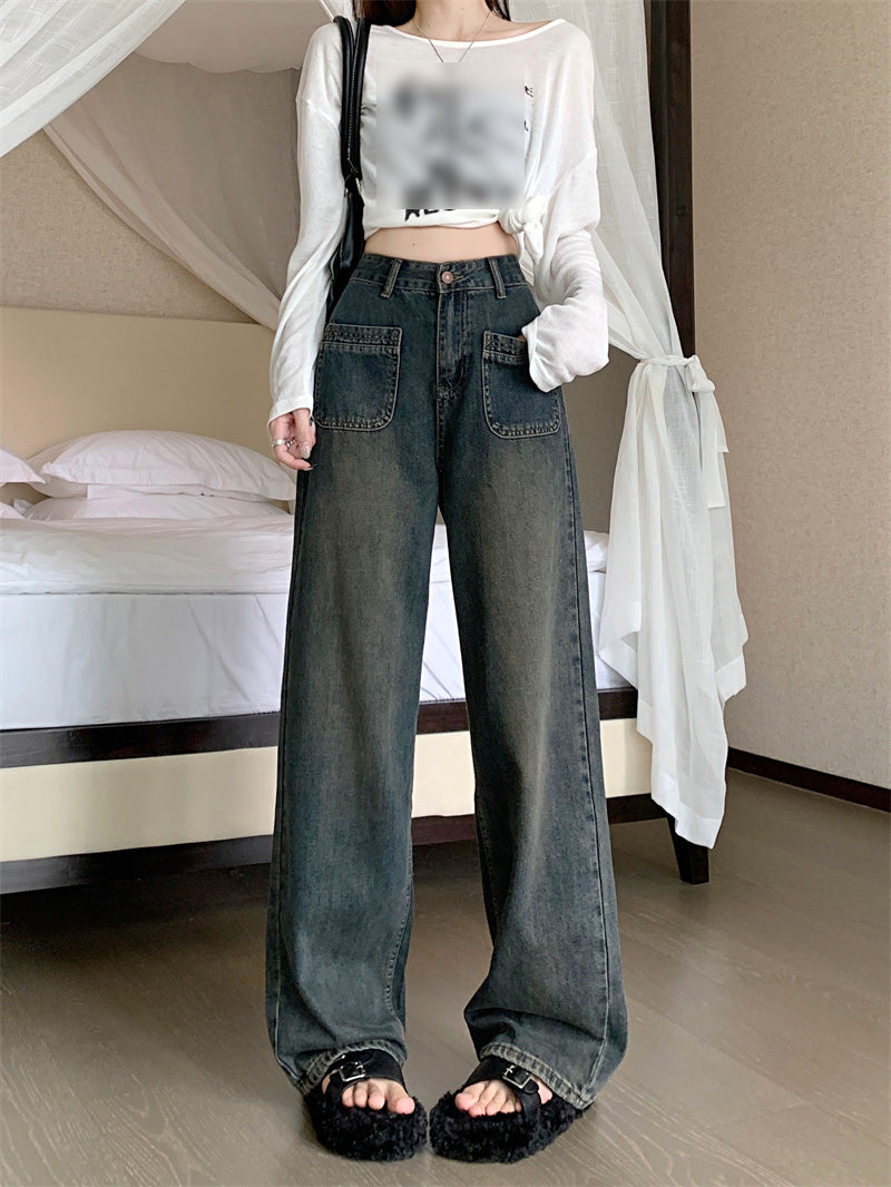 Big Size Design Jeans American High Street Fall 2023 New Women's High-waisted Draped Wide-leg Pants