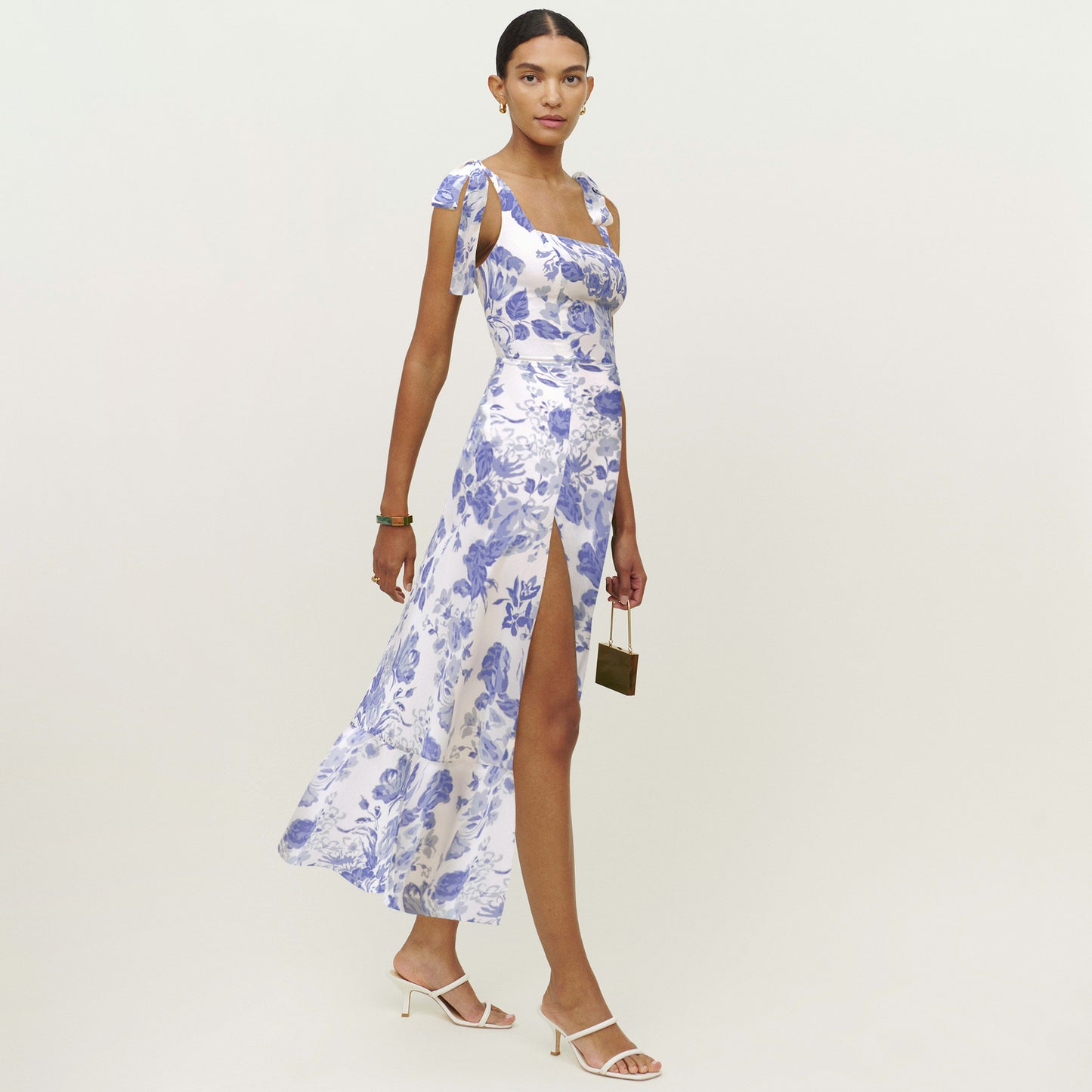 Spring and Summer New Europe and The United States Fashion Women's Sling Straps Bust Open Fork Floral Dress Temperament Elegant with Waist Belt