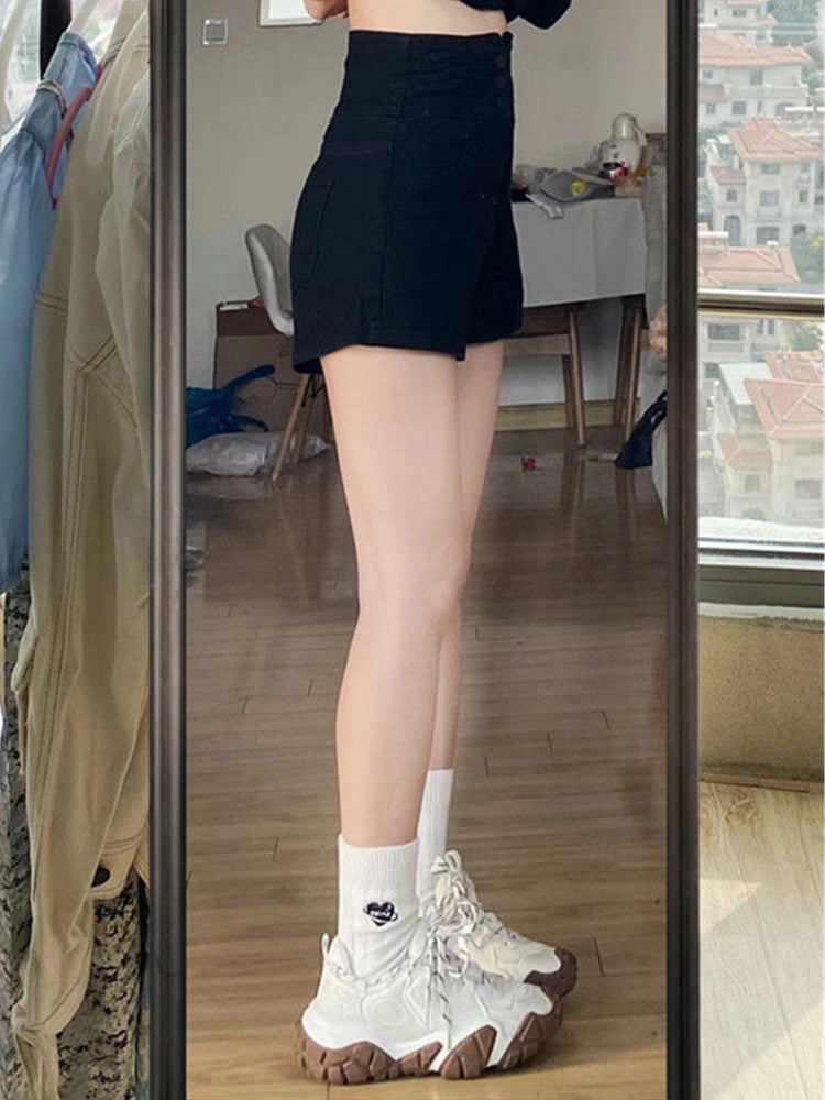 Black High-waisted Denim Shorts Women's Summer Thin Section Thin Covering Belly A Word Wide Leg Hot Pants