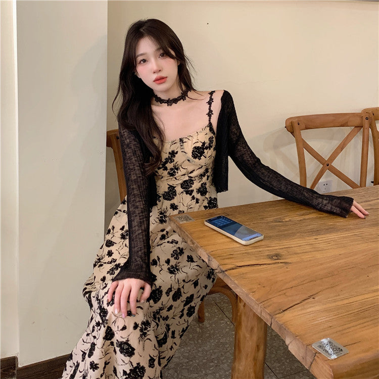 Summer New Hepburn Style Rose Print Halter Dress + Knitted Cardigan Two-piece Set