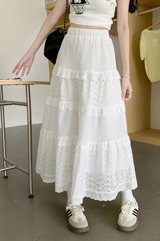 Plus Size High Waist A-Line White Halter Design Niche Lace Cake Skirt Long Skirt