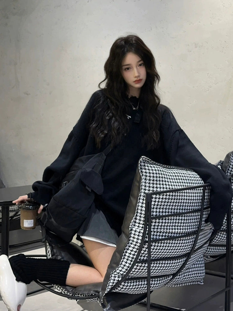 Retro Sweater Women Fall and Winter New Street Black Loose Thin Knit Sweater Vintage Broken Holes Tops