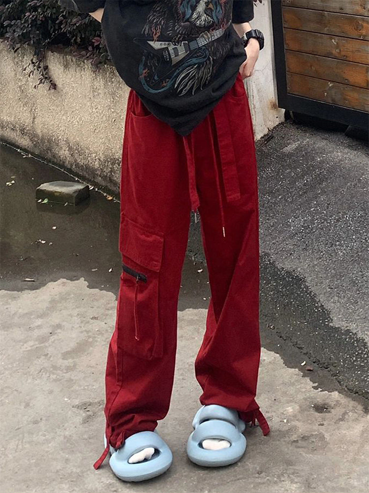 Red straight work pants female spring and autumn new high-waisted loose thin casual dragging wide leg pants tide