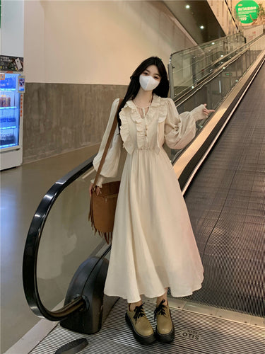 Large Size Senior Sense of Long-sleeved V-neck Dress Women Cover Belly Thin Skirt Fall New Suit