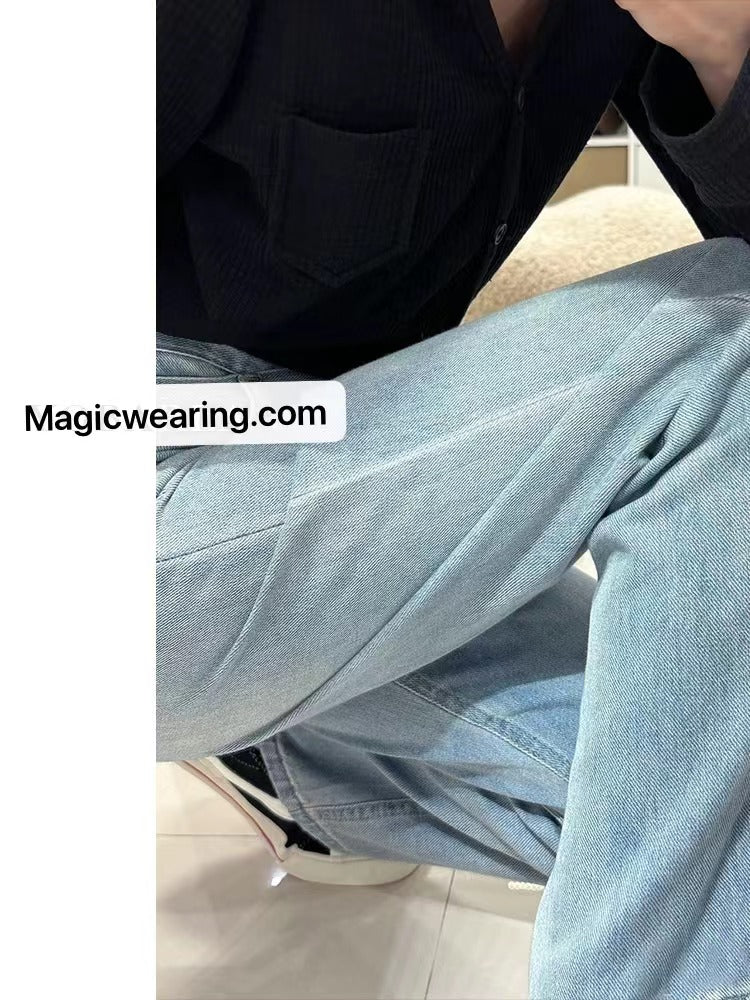 Light Blue Straight Jeans Female New High-waisted Loose Thin Large Yards Irregular Wide Leg Pants