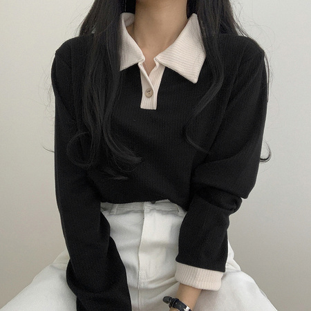 College wind simple and versatile collision color polo collar T-shirt female knit pit strip casual and versatile tops