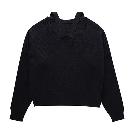 Black knitted sweater female autumn and winter pure desire to take a shoulder sweater outside the temperament tops niche