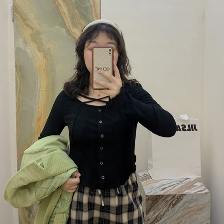 Slightly fat thin fleece knit sweater cross tie stretch inner wear thin tops