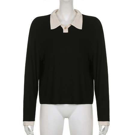 College wind simple and versatile collision color polo collar T-shirt female knit pit strip casual and versatile tops