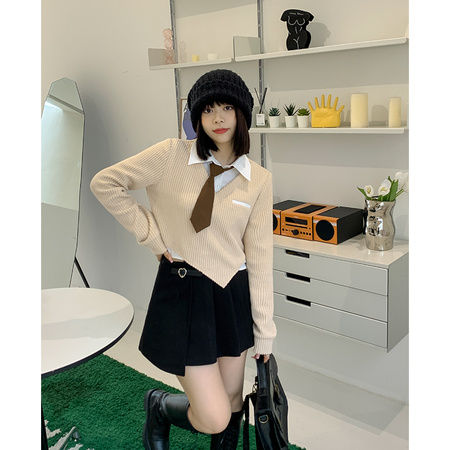 College style color-blocking design sense niche fake two-piece shirt