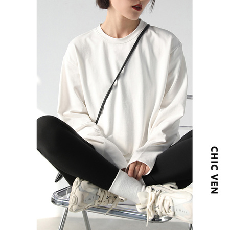 Simple solid color loose long-sleeved overlapping white t-shirt women's hundred long paragraph tops bottoming shirt autumn and winter models