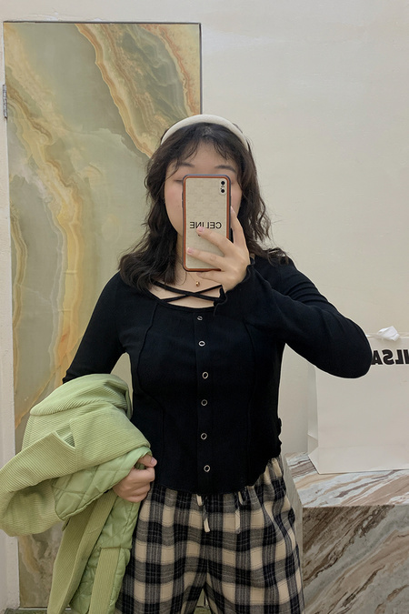 Slightly fat thin fleece knit sweater cross tie stretch inner wear thin tops