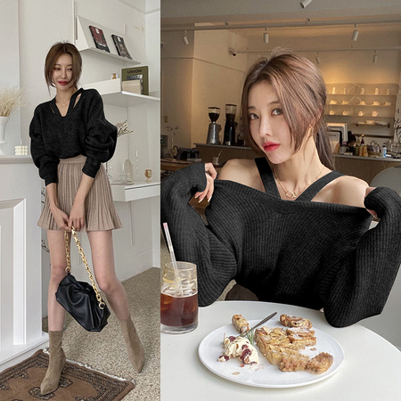 Black knitted sweater female autumn and winter pure desire to take a shoulder sweater outside the temperament tops niche