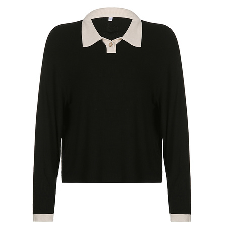 College wind simple and versatile collision color polo collar T-shirt female knit pit strip casual and versatile tops