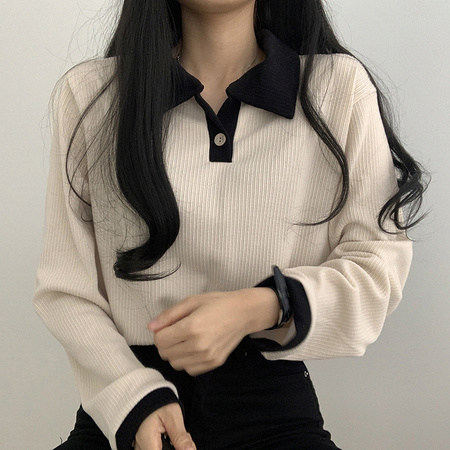 College wind simple and versatile collision color polo collar T-shirt female knit pit strip casual and versatile tops