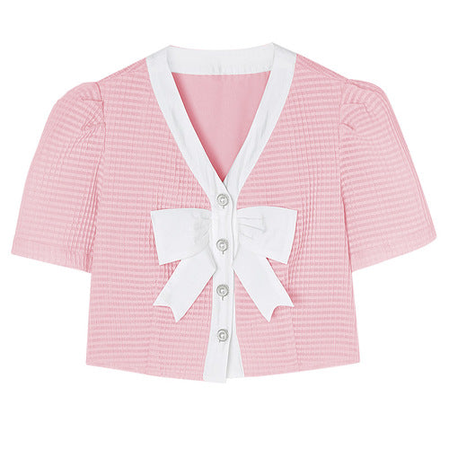waffle suit female 2021 new bow top + half skirt two-piece set