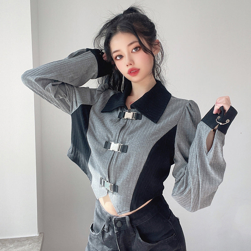 Design sense metal buckle bubble sleeve lapel tops female Slim Slim irregular short section jacket