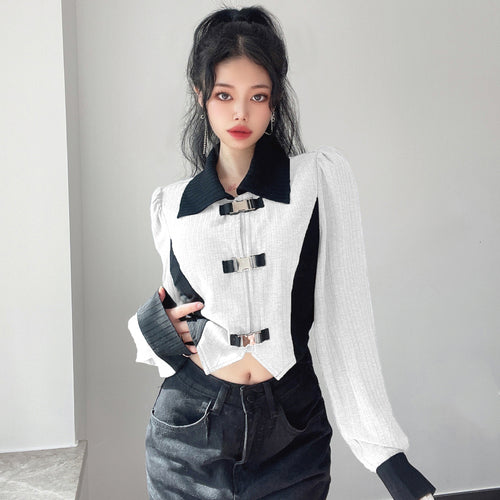 Design sense metal buckle bubble sleeve lapel tops female Slim Slim irregular short section jacket
