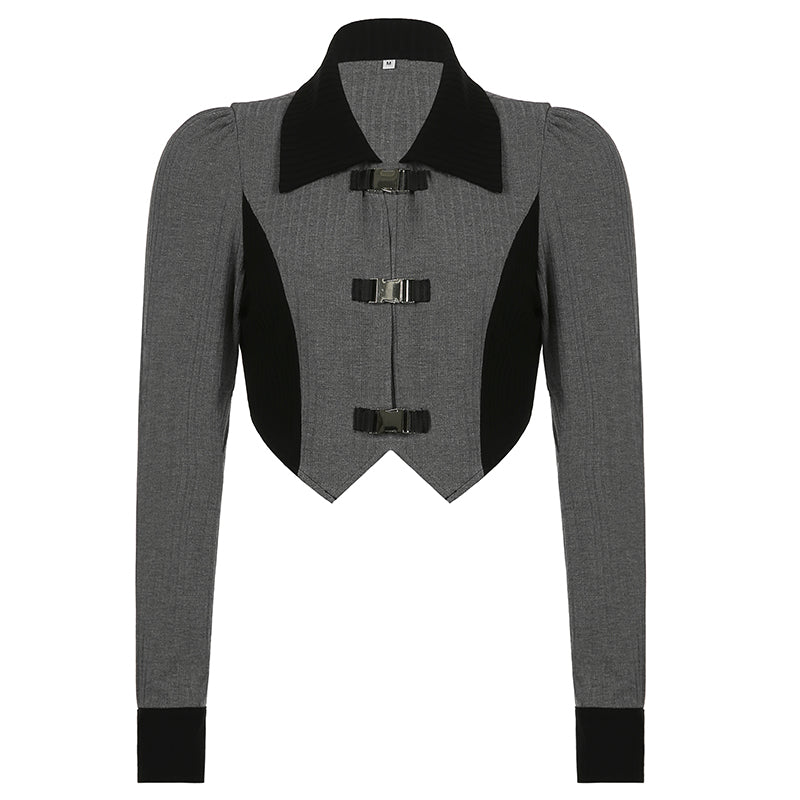 Design sense metal buckle bubble sleeve lapel tops female Slim Slim irregular short section jacket