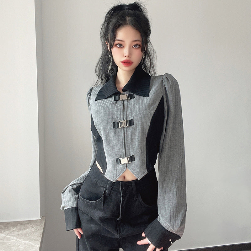 Design sense metal buckle bubble sleeve lapel tops female Slim Slim irregular short section jacket