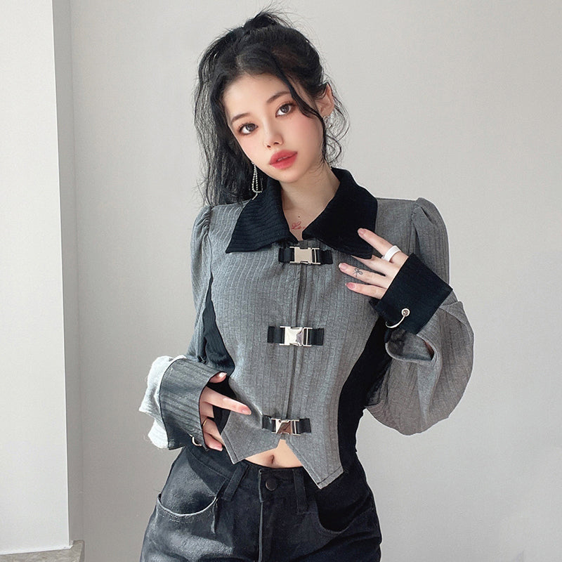 Design sense metal buckle bubble sleeve lapel tops female Slim Slim irregular short section jacket