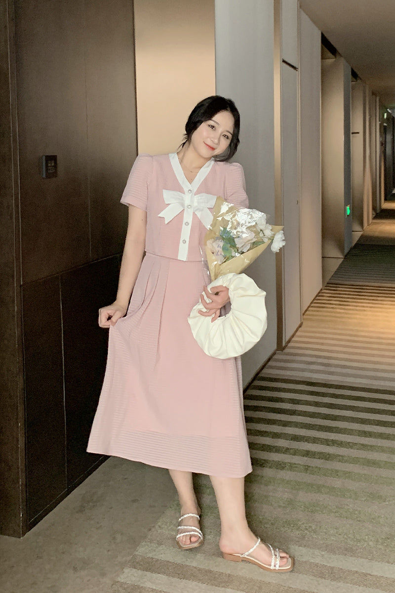 waffle suit female 2021 new bow top + half skirt two-piece set