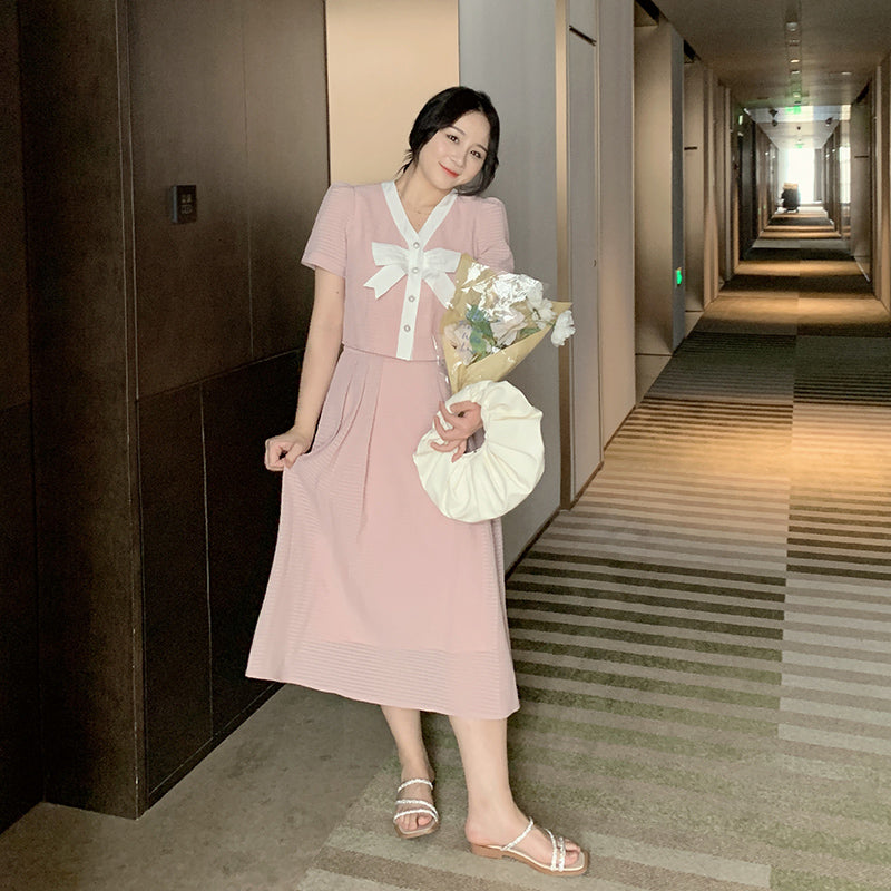 waffle suit female 2021 new bow top + half skirt two-piece set