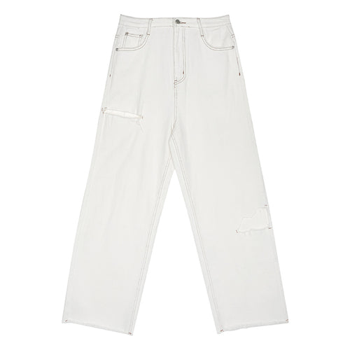 2020 fall new white hole design sense jeans straight loose high waist wide leg pants thin tide