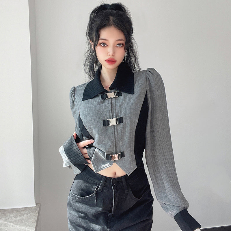 Design sense metal buckle bubble sleeve lapel tops female Slim Slim irregular short section jacket