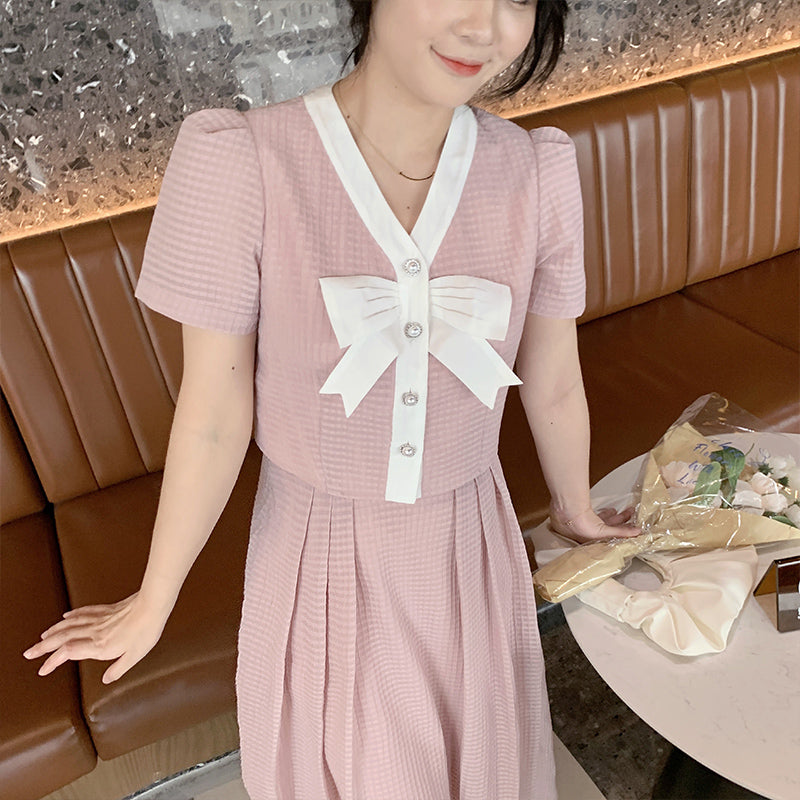 waffle suit female 2021 new bow top + half skirt two-piece set