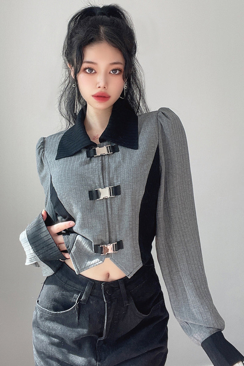 Design sense metal buckle bubble sleeve lapel tops female Slim Slim irregular short section jacket