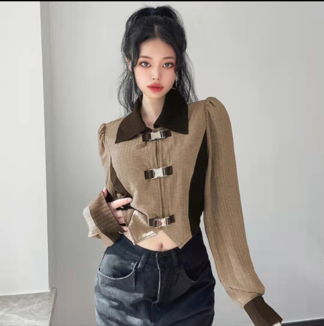 Design sense metal buckle bubble sleeve lapel tops female Slim Slim irregular short section jacket