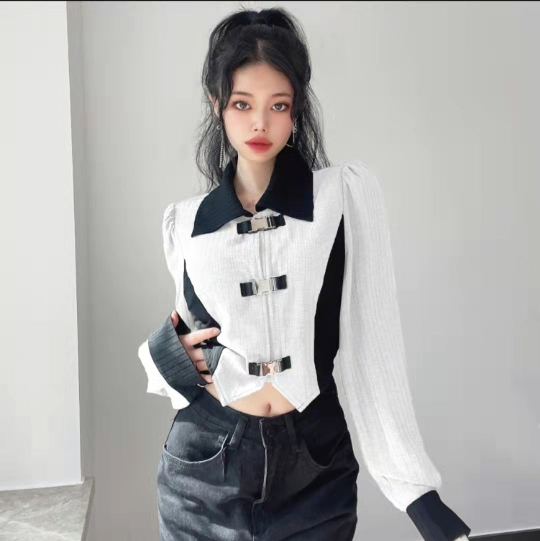Design sense metal buckle bubble sleeve lapel tops female Slim Slim irregular short section jacket
