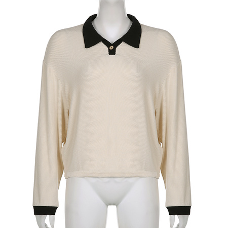 College wind simple and versatile collision color polo collar T-shirt female knit pit strip casual and versatile tops