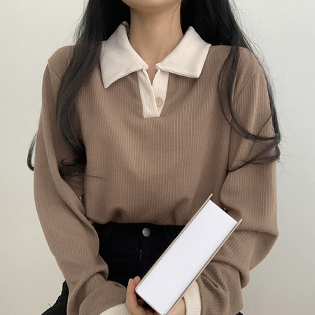 College wind simple and versatile collision color polo collar T-shirt female knit pit strip casual and versatile tops