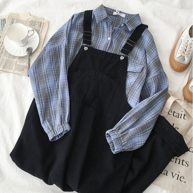 Harajuku Casual Overall Set Women Summer Two Piece Set Fashion Blue Long Sleeve Plaid Blouse + Black Loose Long Pant Summer Set
