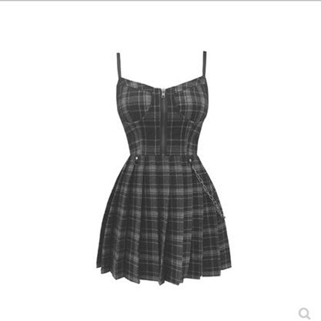 Summer 2020 Gothic Girls Sexy Strap Dress High Waist Zipper Up Pleated Plaid Vestidos Women Sleeveless Short Mini Dresses