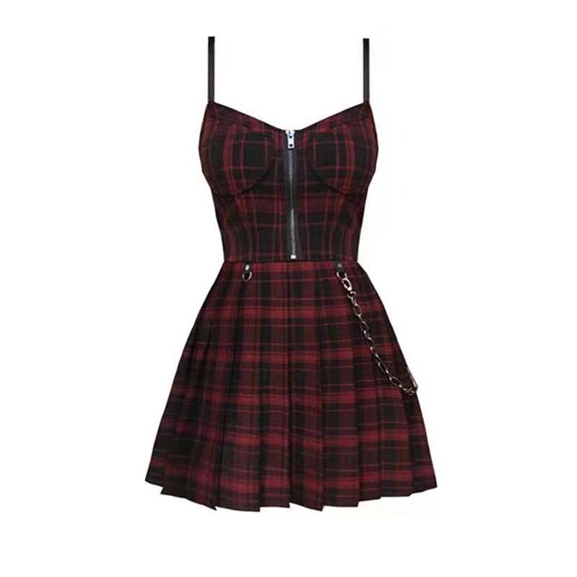 Summer 2020 Gothic Girls Sexy Strap Dress High Waist Zipper Up Pleated Plaid Vestidos Women Sleeveless Short Mini Dresses