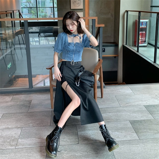 2 Piece Set Women Summer 2020 Gothic Black Skirt Korea Irregular y2k Skirts+Crop Top Fashion Suits Sexy Streetwear Set Chic News