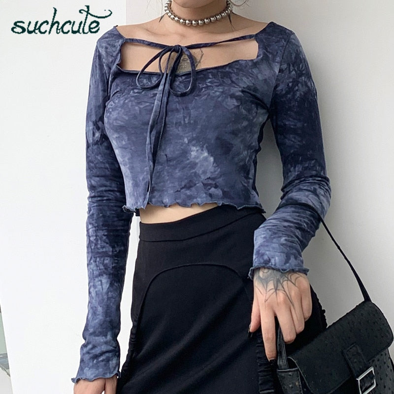 SUCHCUTE tie die women's T-shirts y2k aesthetic tops female long sleeve 2020 vintage tee shirt lace up streetwear 90s outfits