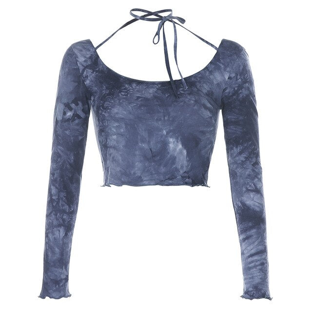 SUCHCUTE tie die women's T-shirts y2k aesthetic tops female long sleeve 2020 vintage tee shirt lace up streetwear 90s outfits