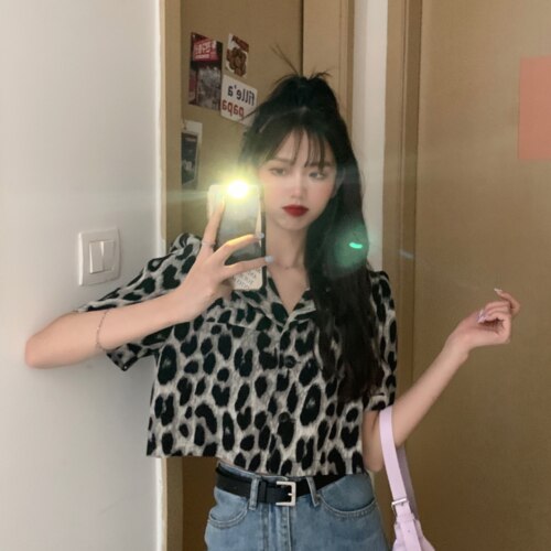 Crop Jackets Women Chic Leopard Summer Harajuku Stylish Korean Ladies Outwear Single Breasted All-match Popular Femme Jacket Hot