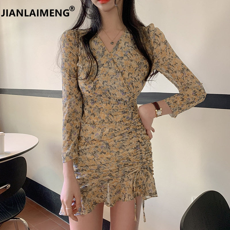 Elegant Ruffles Women Dress Sexy V-neck Long Sleeve Slim Floral Chiffon Dress 2020 New Korean Spring Vestidos Femme Pink Dress
