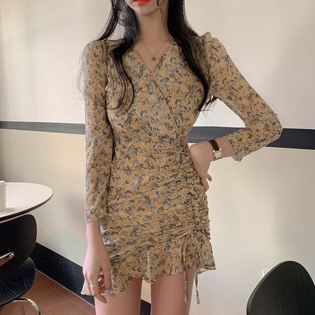Elegant Ruffles Women Dress Sexy V-neck Long Sleeve Slim Floral Chiffon Dress 2020 New Korean Spring Vestidos Femme Pink Dress